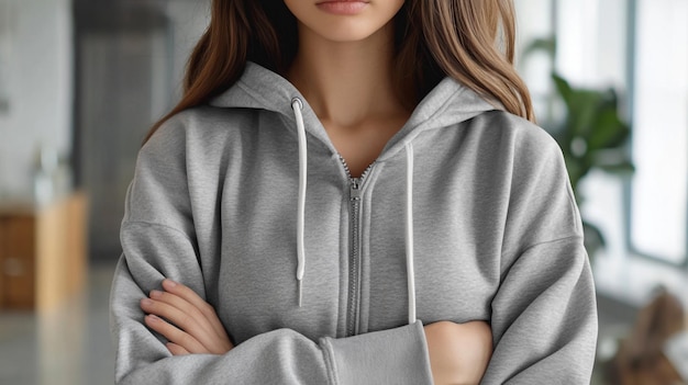 Photo a woman with her arms crossed and a folded up sweater