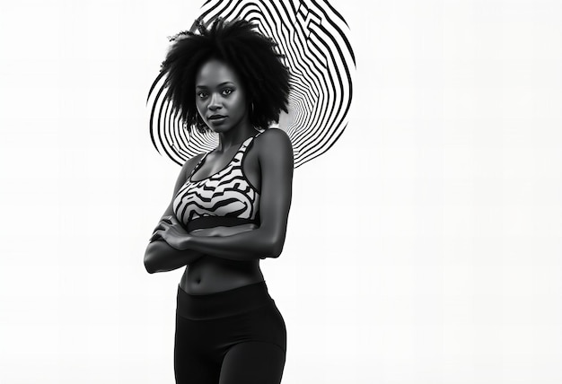 Photo a woman with her arms crossed in front of a black and white background with a black and white circle on the front