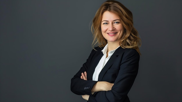 Photo a woman with her arms crossed in front of a gray background