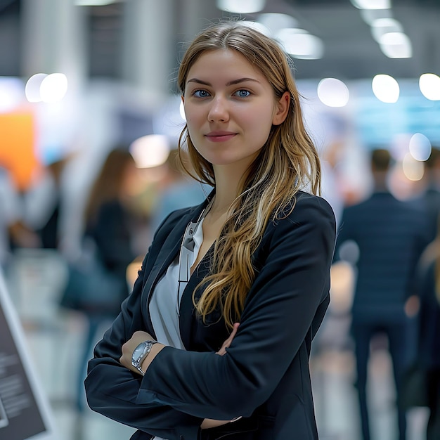 a woman with her arms crossed in front of a sign that says quot no quot