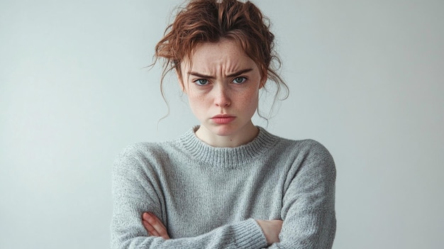 Photo a woman with her arms crossed and a red shirt has her arms crossed