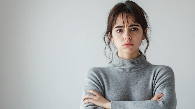 a woman with her arms crossed and a serious expression on her face