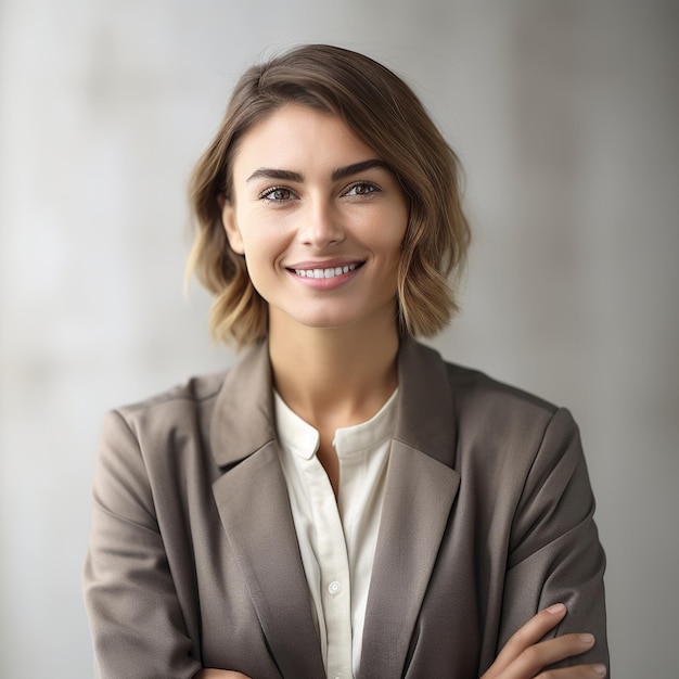 A woman with her arms crossed smiles at the camera.