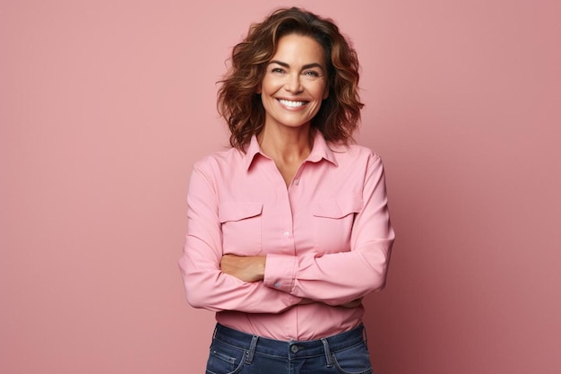 Photo a woman with her arms crossed and smiling