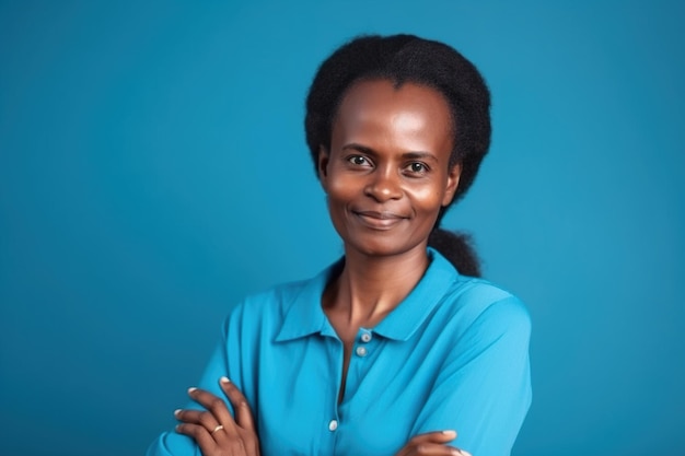 A woman with her arms crossed stands in front of a blue background.