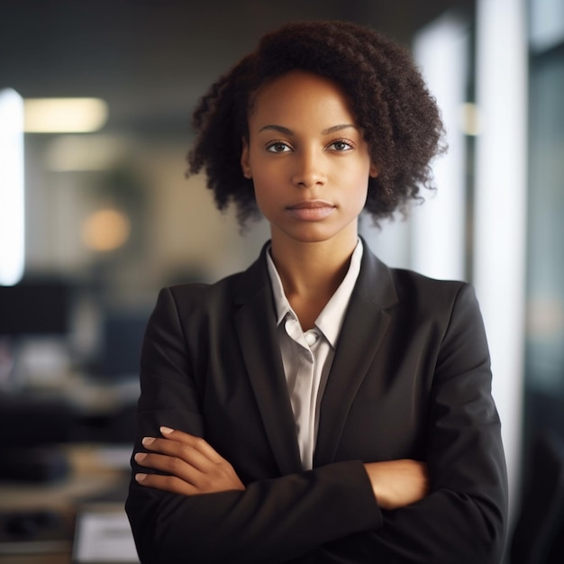 A woman with her arms crossed stands in front of a window with a desk in the background.