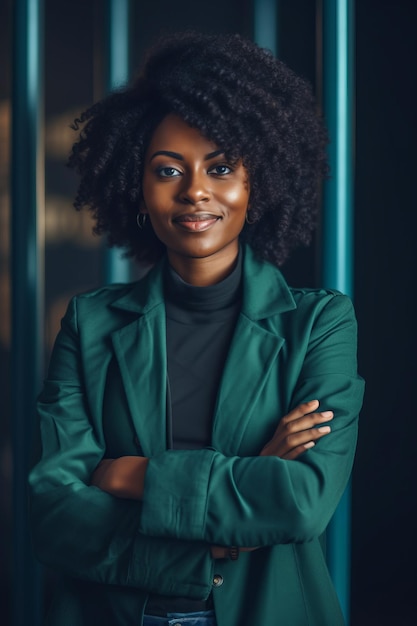 Woman with her arms crossed wearing green jacket and black turtle neck sweater Generative AI