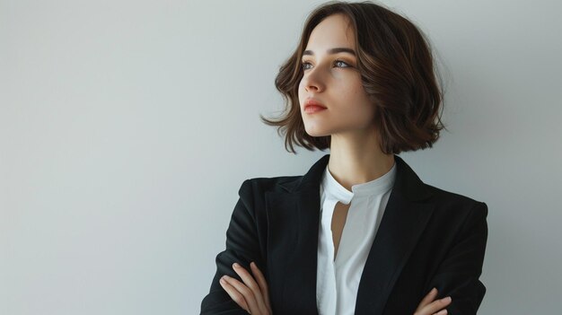 Photo a woman with her arms crossed and a white background with her arms crossed