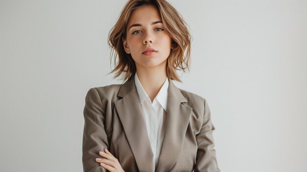 Photo a woman with her arms crossed and a white shirt on the front