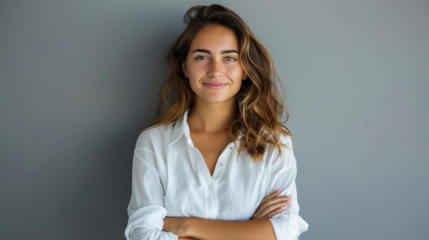 a woman with her arms crossed and a white shirt that says  she is wearing a white shirt