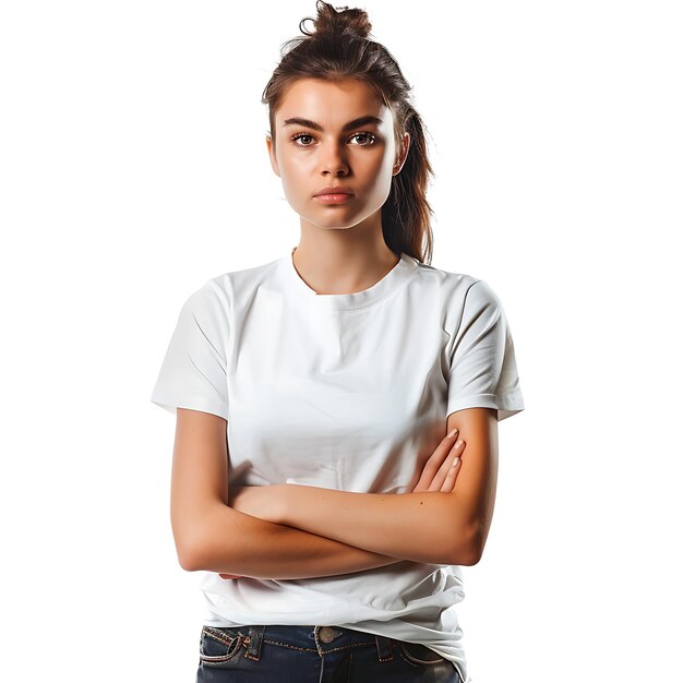 Photo a woman with her arms crossed and a white shirt that says  she is wearing