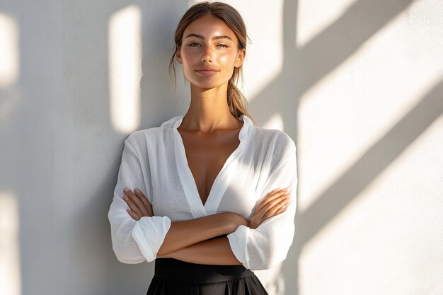 Photo a woman with her arms crossed and a white shirt with a black belt that says quot im a quot