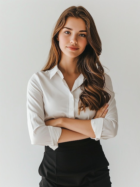 Photo a woman with her arms crossed and a white shirt with a black skirt