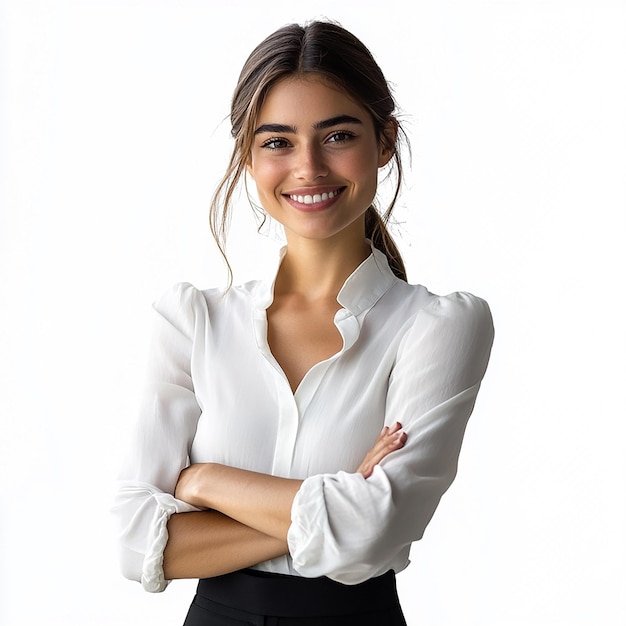 a woman with her arms crossed and a white shirt with a white collared shirt on