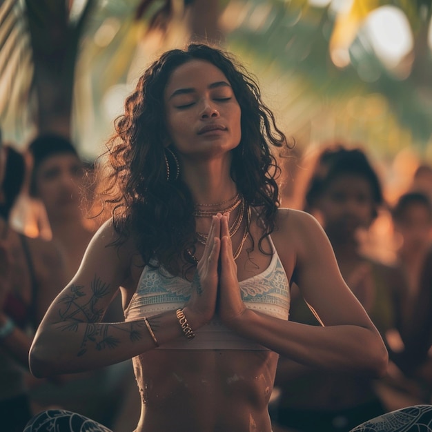 Photo a woman with her arms folded in front of a group of people