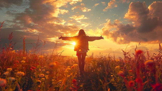 a woman with her arms outstretched in a field of flowers with the sun setting behind her