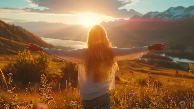 a woman with her arms outstretched in front of a mountain with the sun behind her