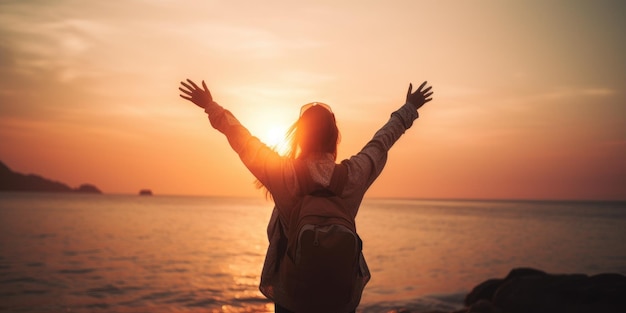 A woman with her arms raised in the air, standing on the beach, with the sun setting behind her.