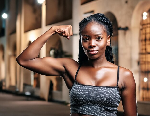 a woman with her arms raised in a black top and her arms up