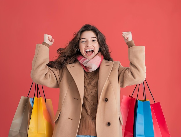 a woman with her arms up in the air with bags of shopping bags