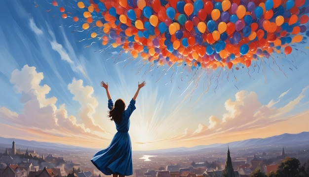 a woman with her arms up in the air with balloons in the sky