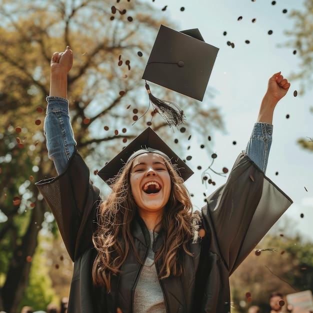 Photo a woman with her arms up in the air with a black graduation cap on her head