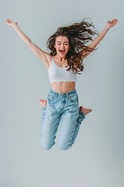 a woman with her arms up in the air with her feet up in the air