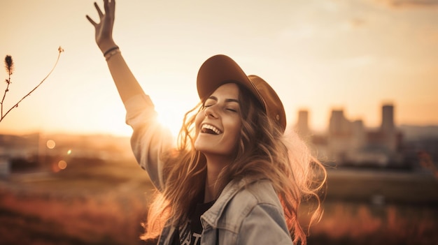 A woman with her arms up in the air with the sun behind her