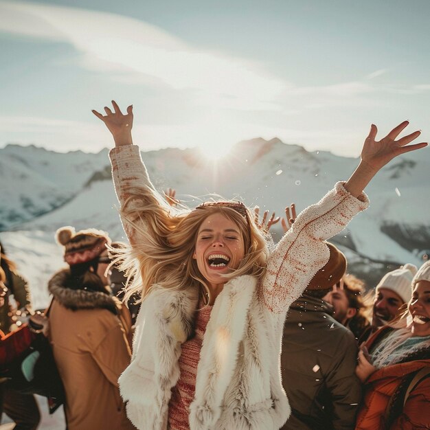 Photo a woman with her arms up in the air with the sun shining on her face