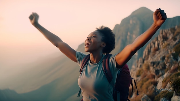 A woman with her arms up in the air with the sun shining on her shirt.