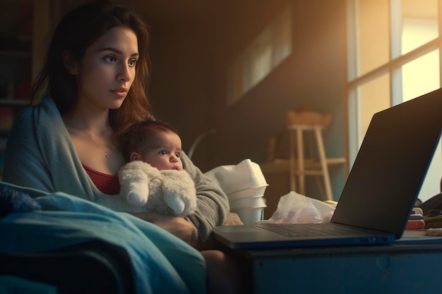 A woman with her baby in her arms breastfeeding him while she has the obligation to continue working remotely in her American company Ai generated