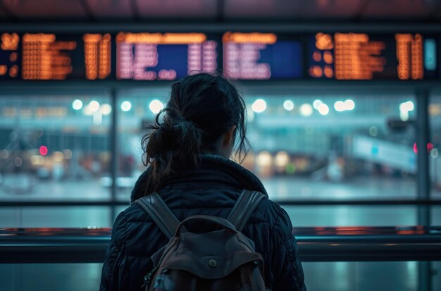 Woman with her back turned at the airport looking at the departure times of the planes