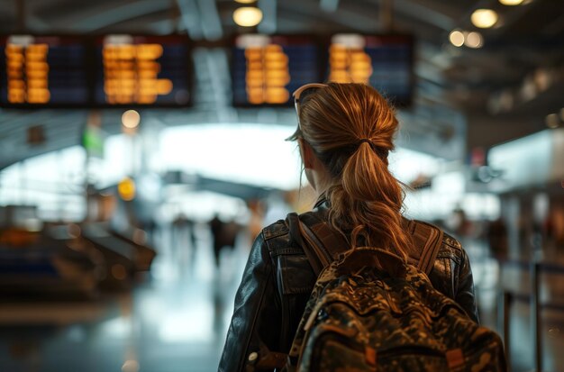 Woman with her back turned at the airport looking at the departure times of the planes