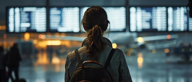 Woman with her back turned at the airport looking at the departure times of the planes