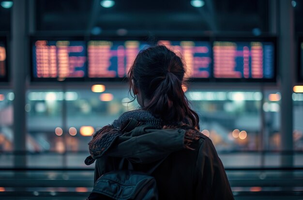 Woman with her back turned at the airport looking at the departure times of the planes