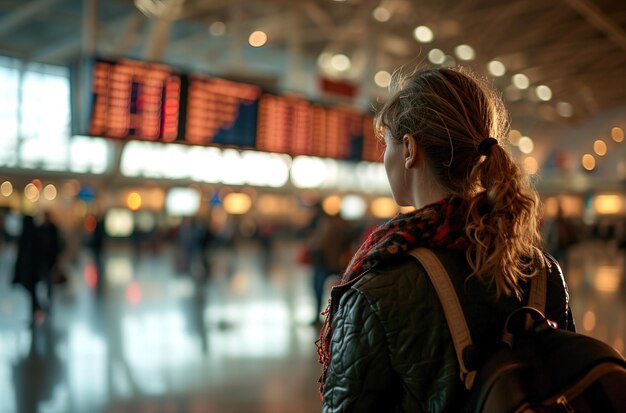 Woman with her back turned at the airport looking at the departure times of the planes