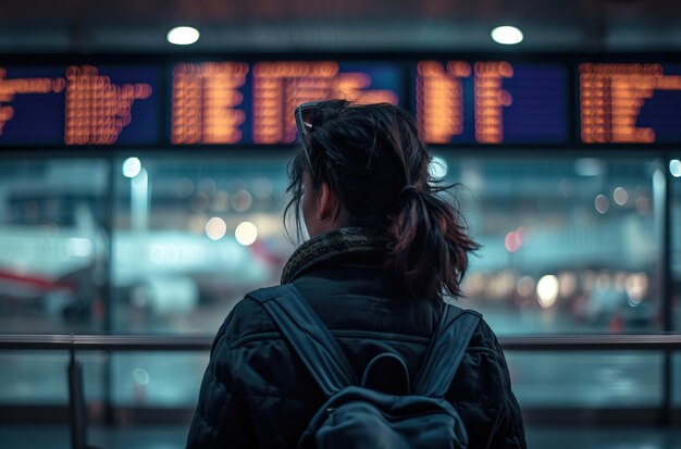 Woman with her back turned at the airport looking at the departure times of the planes