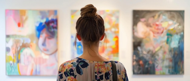 A woman with her back turned contemplates diverse paintings in a quiet