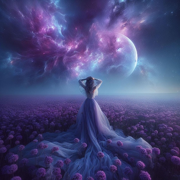 a woman with her back to the viewer stands amidst a vast field of purple flowers