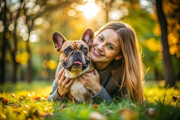 a woman with her dog in the park