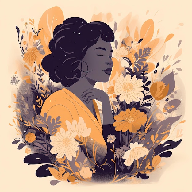 A woman with her eyes closed in a floral frame in a flower bed in a lush garden vector illustration