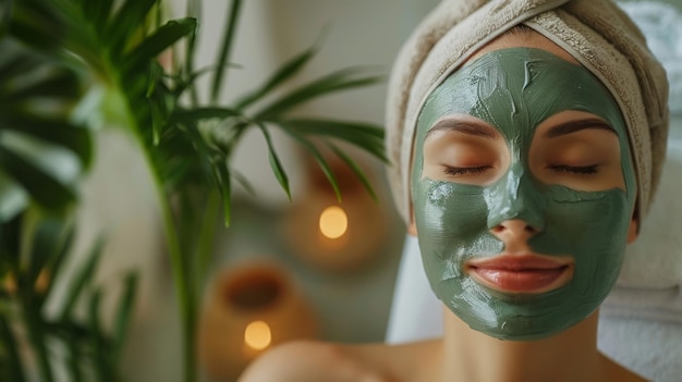 A woman with her eyes closed and a green facial mask on relaxes with a towel wrapped around her hair