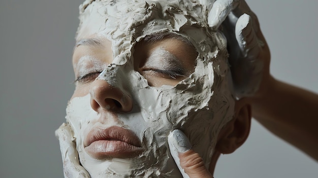 A woman with her eyes closed has a clay mask applied to her face