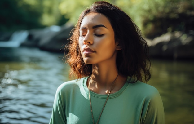 A woman with her eyes closed and her eyes closed