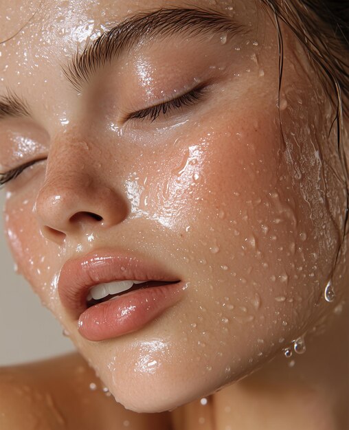 Photo a woman with her eyes closed and her face covered in water