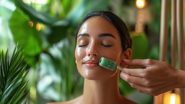 a woman with her eyes closed is brushing her teeth with a green vegetable