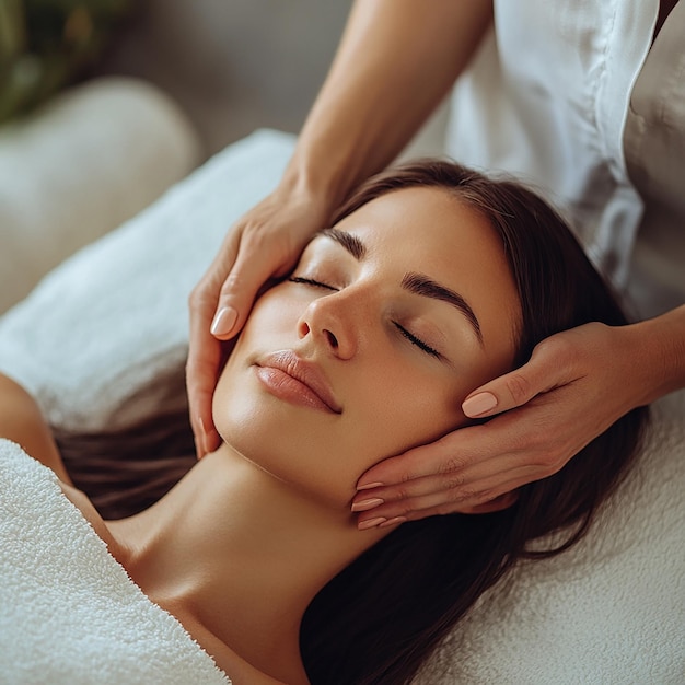 a woman with her eyes closed is laying on a bed