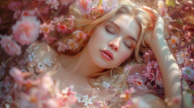 a woman with her eyes closed laying in a bed of flowers