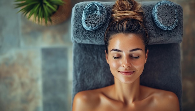 Photo a woman with her eyes closed laying on a chair