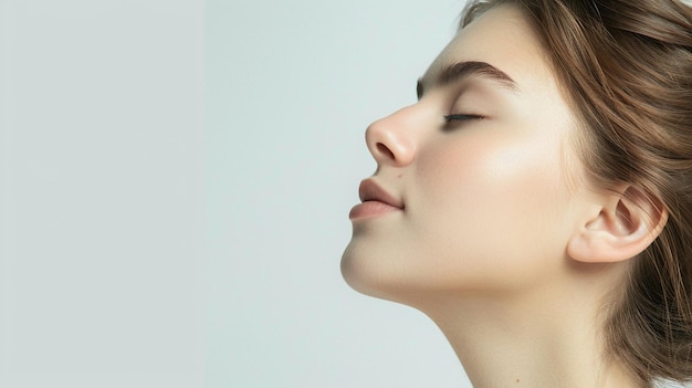 a woman with her eyes closed and a nose with a light reflection